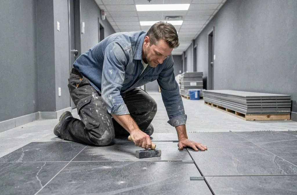 Poseur de Eurodp Ihs installant des carreaux grand format dans un couloir commercial