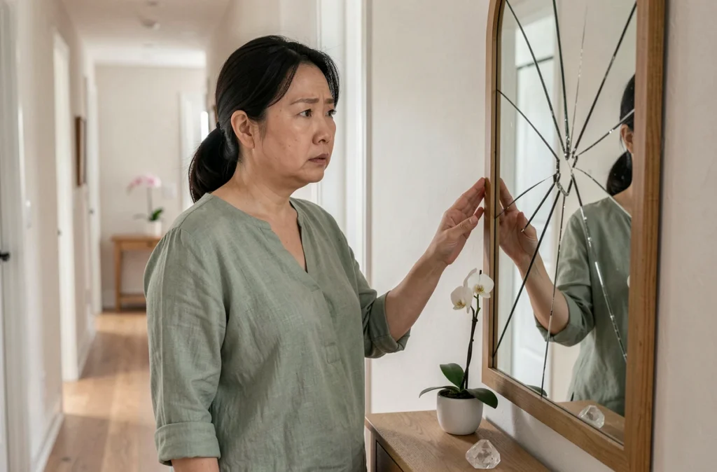 Femme observant un miroir fissuré dans un couloir décoré selon les principes du feng shui, exprimant une préoccupation liée au chi