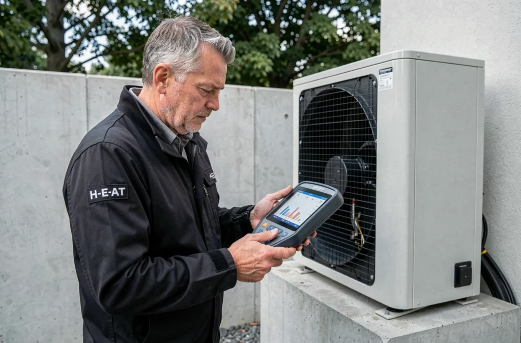 Technicien H-E-A-T utilisant un outil de diagnostic numérique sur une pompe à chaleur résidentielle