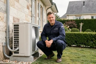 Technicien installant une pompe à chaleur sur la façade d'une maison dans les Yvelines