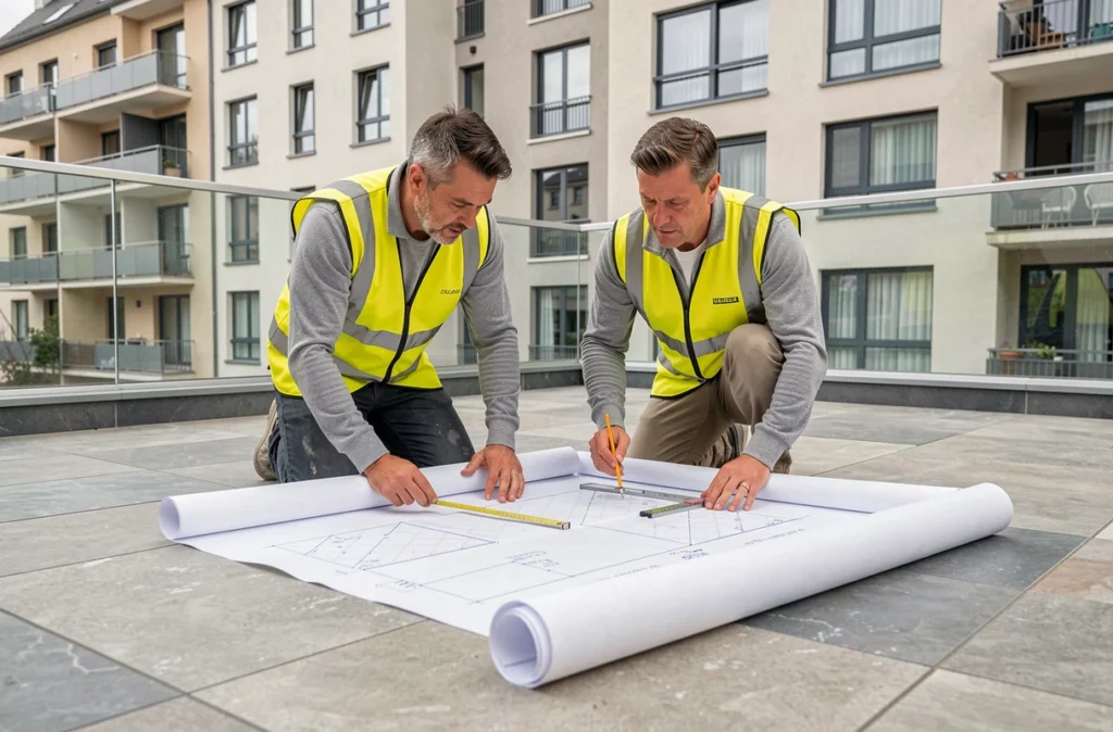 Équipe de Koptes SARL inspectant un plan de carrelage sur une terrasse extérieure