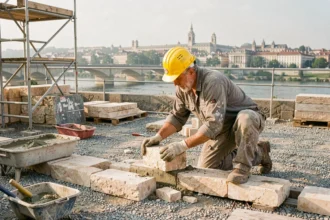 Maçon professionnel posant des blocs de pierre sur un chantier de construction dans le Rhône, avec la skyline de Lyon en arrière-plan