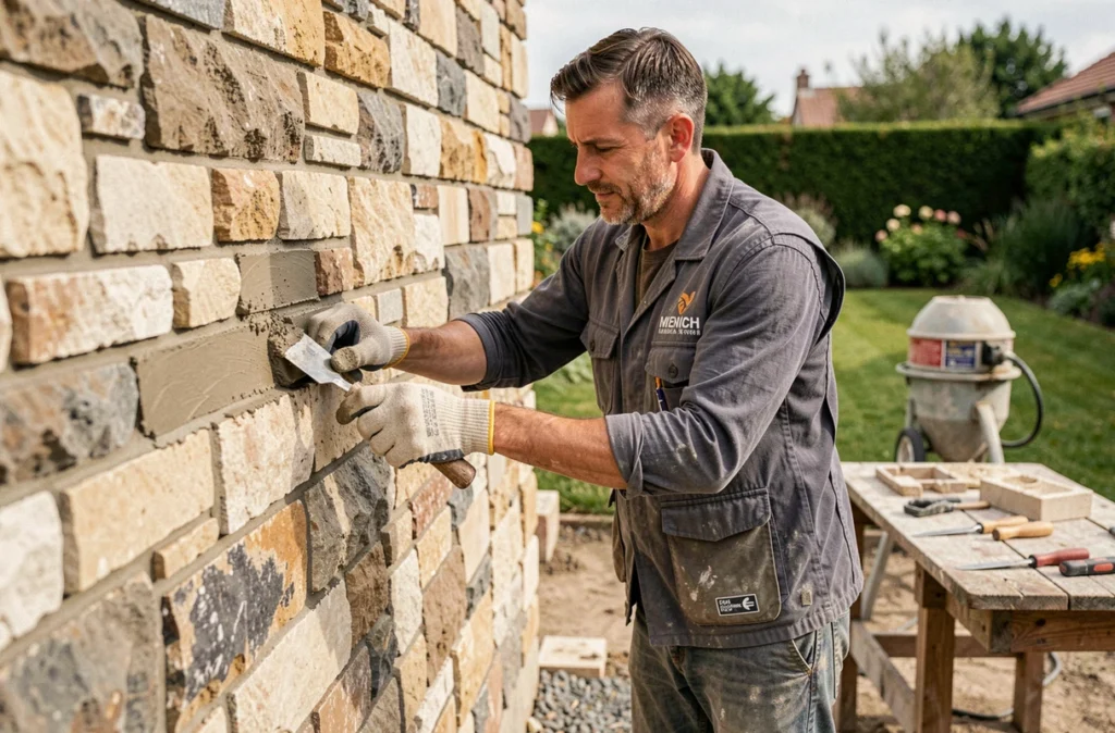 Artisan maçon de Max Aménagement appliquant du mortier sur un mur en pierre lors d'une rénovation résidentielle dans la banlieue lyonnaise
