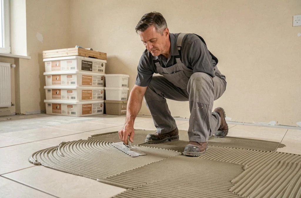 Carreleur de Megal étalant la colle à carrelage sur un sol de cuisine en rénovation