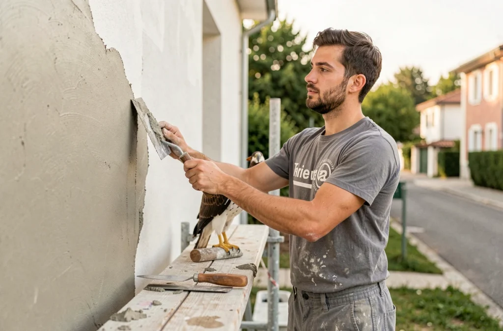Jeune artisan maçon Mehdi Maçonnerie appliquant un enduit extérieur lisse sur la façade d'une maison neuve dans le département du Rhône