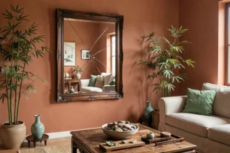Miroir fêlé dans un salon feng shui décoré de plantes bambou et pierres lisses, illustrant les erreurs à éviter pour préserver le chi
