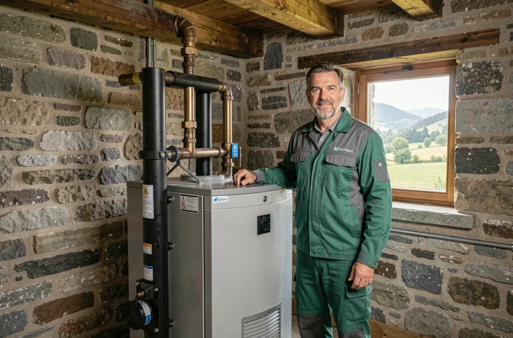 Technicien de Montang'Energies devant une pompe à chaleur géothermique dans une propriété rurale