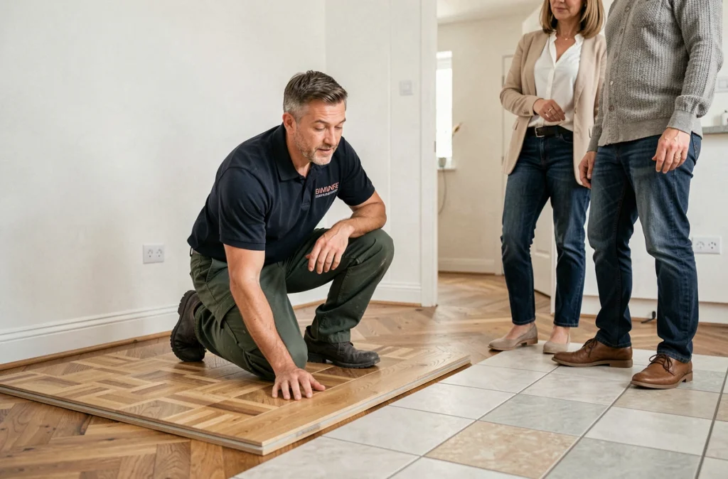 Spécialiste de Parquets Gal comparant parquet et carrelage lors d'une consultation à domicile