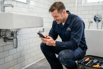 Plombier professionnel consultant son agenda numérique sur smartphone dans une salle de bain moderne