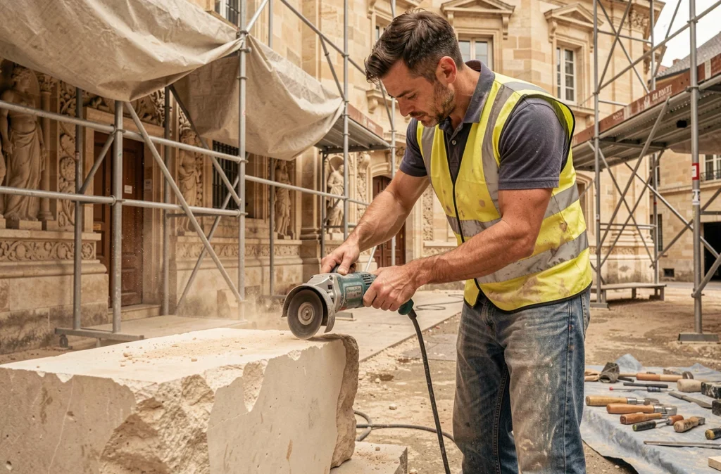 Artisan maçon Progone découpant un bloc de pierre avec une meuleuse lors d'une restauration de bâtiment patrimonial dans le centre de Lyon