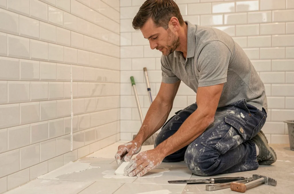 Artisan carreleur de Reno D8D appliquant du joint sur un carrelage de salle de bain