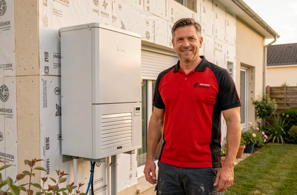 Spécialiste de RENOV CONFORT ECO devant une pompe à chaleur air-eau installée sur une maison rénovée