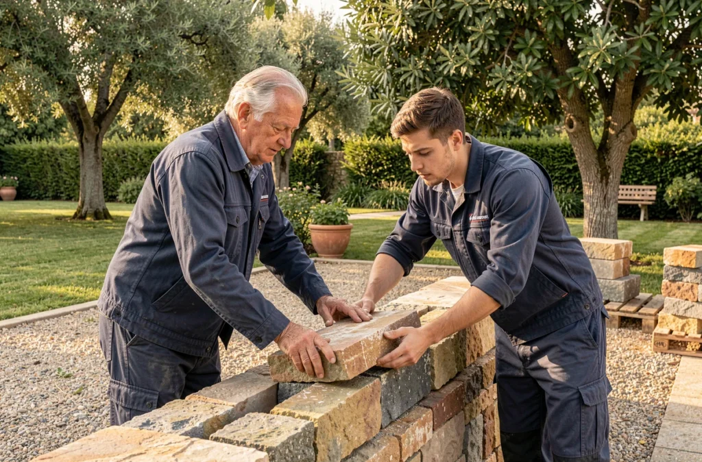 Maçons de Rodrigues Père et Fils, un senior et un apprenti, posant des blocs de pierre naturelle sur un mur décoratif dans un jardin privé de la vallée du Rhône