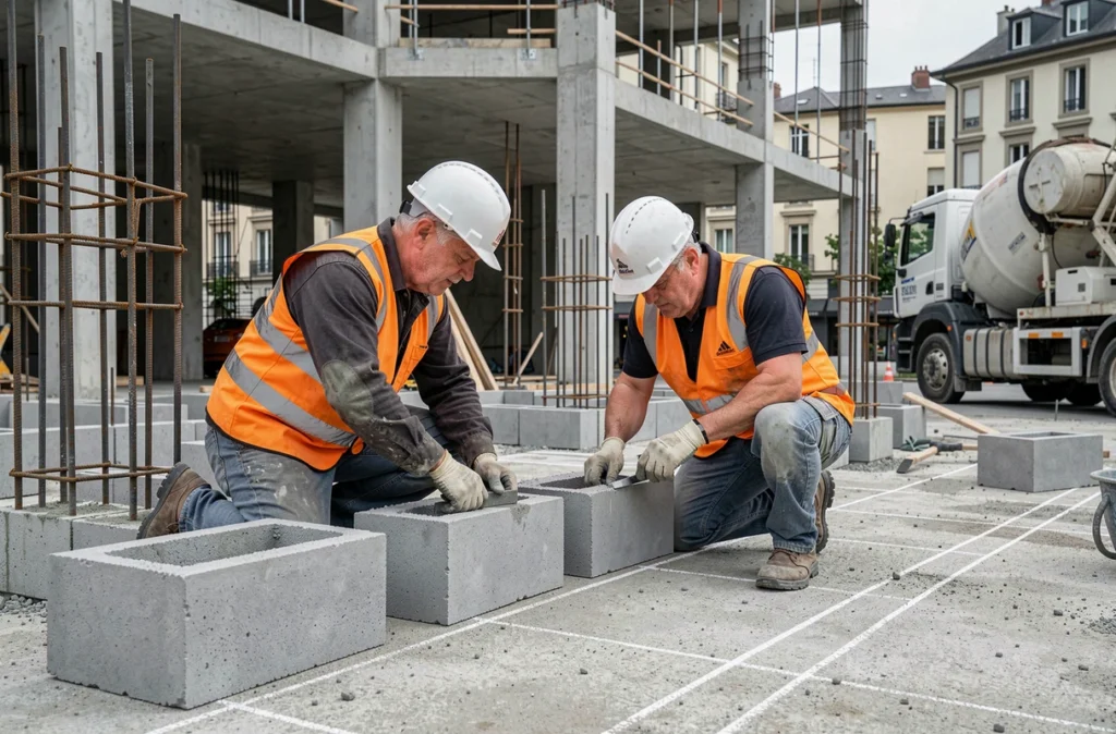 Deux maçons de SAS G.Guiraud collaborant sur la pose de blocs de béton pour les fondations d'un bâtiment commercial à Lyon