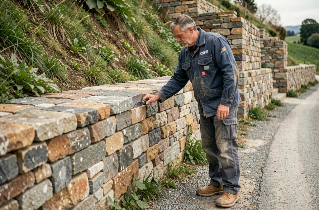 Maçon SNPR inspectant la qualité d'un mur en pierres sèches le long d'une route rurale dans la campagne du Rhône