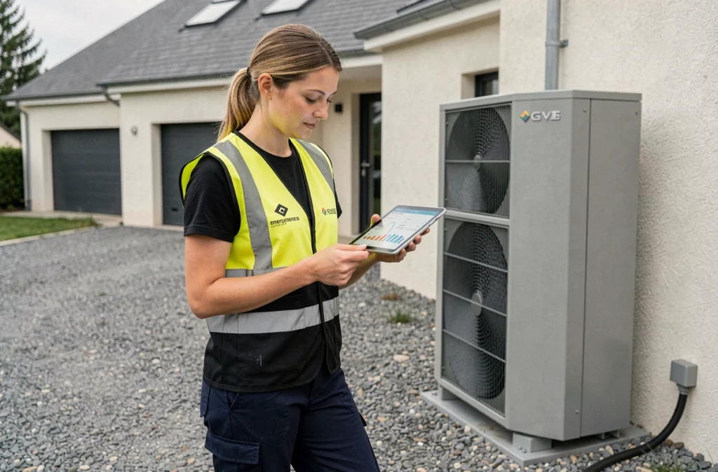 Technicienne de SOCIETE ENERGIES SERVICES consultant une tablette lors d'une installation de pompe à chaleur