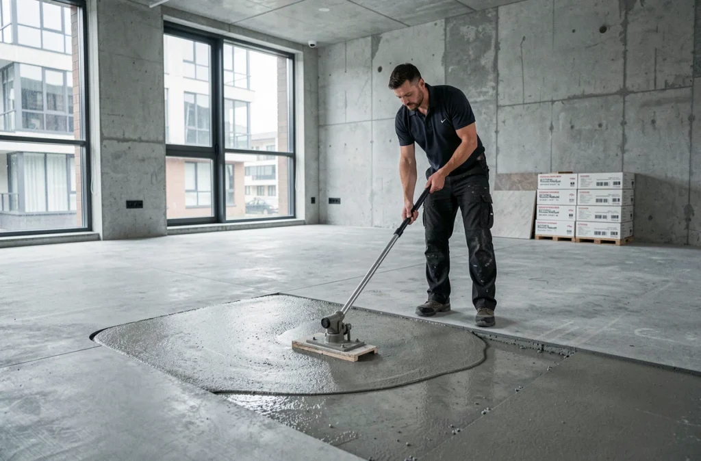 Technicien de Solmax appliquant un enduit d'égalisation avant pose de carrelage en appartement