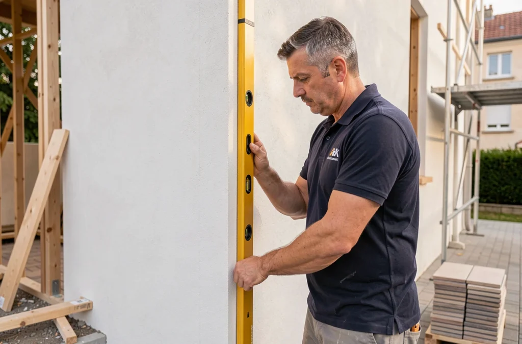 Maçon VPL vérifiant l'alignement d'un mur en enduit extérieur avec un niveau à bulle sur une construction neuve dans un quartier résidentiel de Lyon