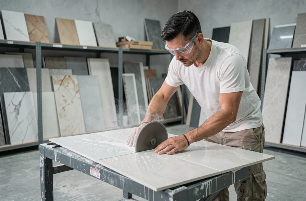 Artisan de Vremea découpant un grand carreau en porcelaine à la scie à eau