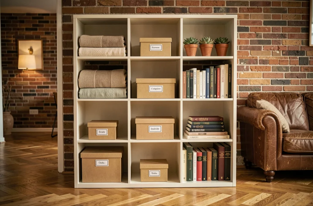 Étagère de salon bien organisée avec rangements décoratifs, plantes et livres