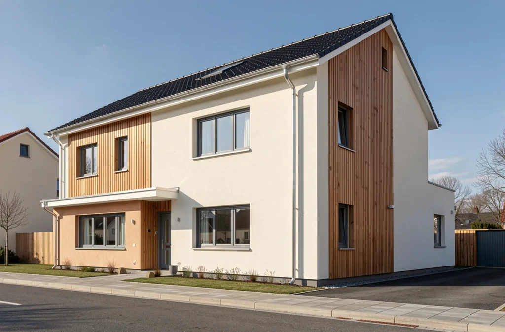 Façade de maison terminée avec enduit clair et bardage bois