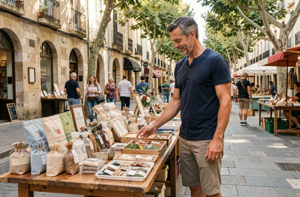 Homme explorant des idées cadeaux de dernière minute sur un marché de rue animé à Nîmes Ville Active