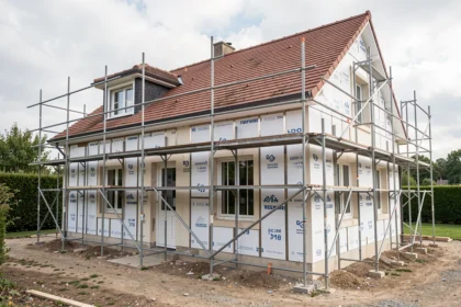 Maison individuelle avec panneaux isolants fixés sur la façade