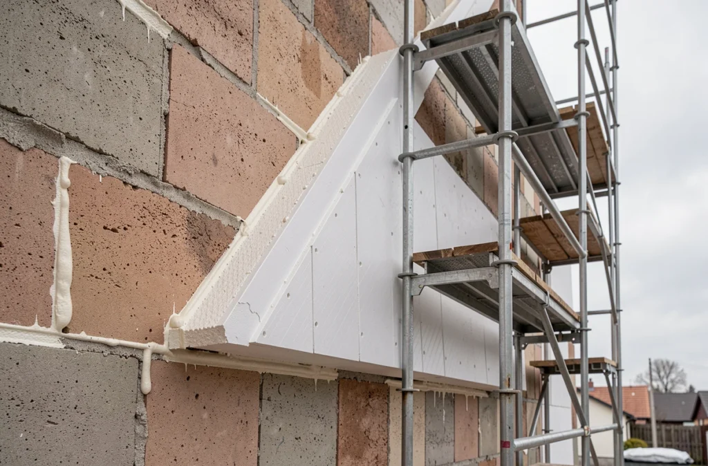Panneaux isolants collés sur un mur de maison avant l'enduit