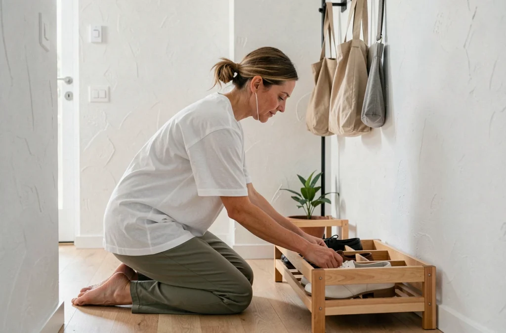 Femme qui range des chaussures dans un meuble à chaussures en bois dans une entrée minimaliste