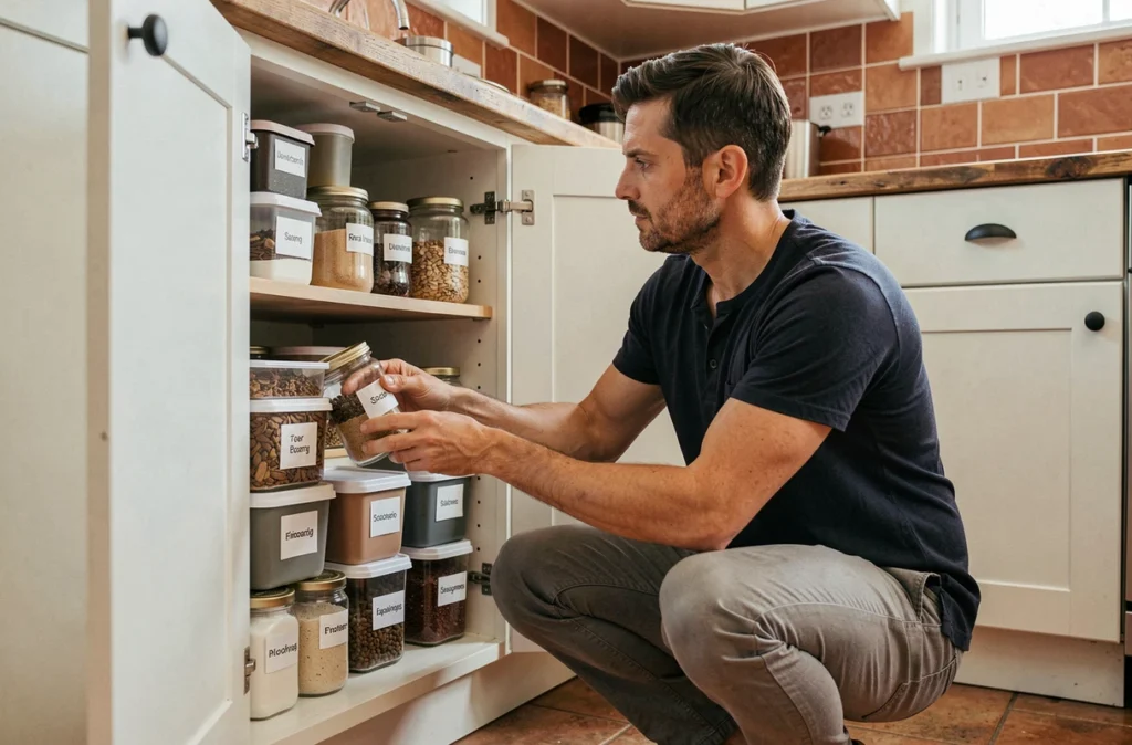 Homme qui range des bocaux en verre dans un placard de cuisine réorganisé